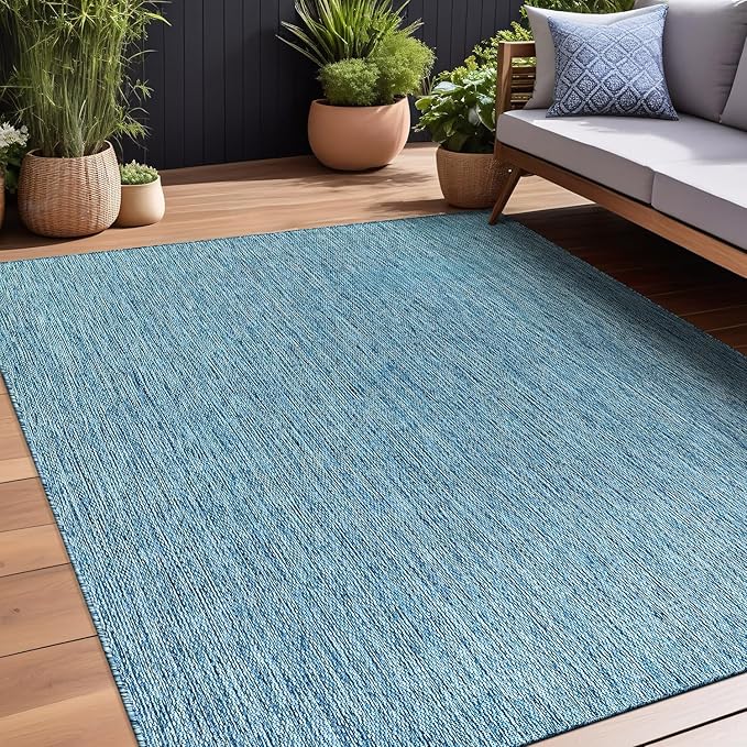 Beverly Rug Indoor Outdoor Rug 5x7, Washable Outside Carpet for Patio, Deck, Porch, Solid Modern Area Rug, Water Resistant, Aqua Blue
