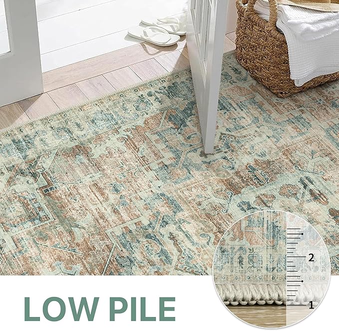 GENIMO Machine Washable 8x10 Area Rugs for Living Room, Non Slip Vintage Rugs, Low Pile Lightweight Chenille Print Rug for Bedroom, Dining Room, Home Office, Light Brown & Pink