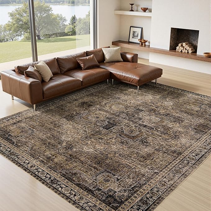 4x6 Washable Area Rug for Living Room, Carpet for Bedroom, Soft Faux Wool Retro Dining Room Rug, Non Slip&Non-Shedding Resistant Low Pile Vintage Print Rug for Home Office (Brown1)