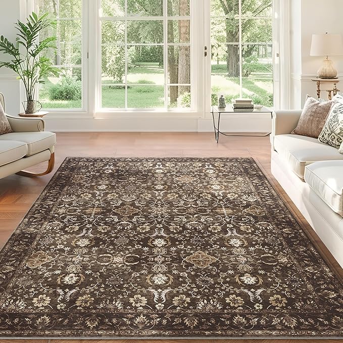 8x10 Washable Rugs for Living Room, Soft Large Rugs Brown Area Rug, Indoor Vintage Carpet for Bedroom Dining Room Office, Rubber Backed Non Slip Low Pile Mat, Dark Brown