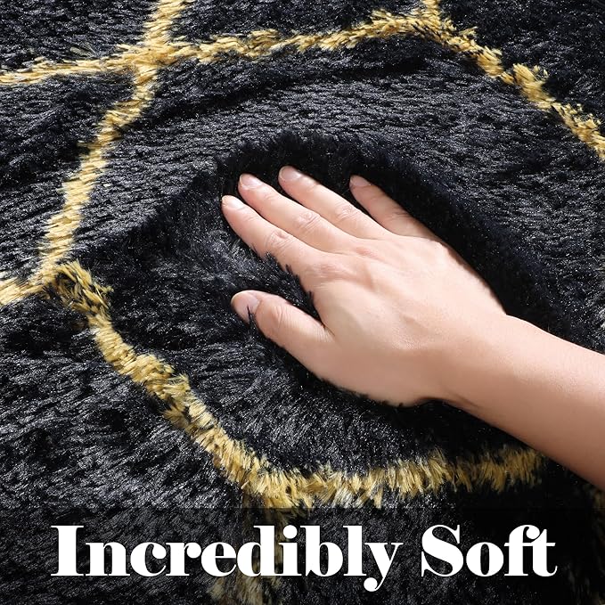 ONASAR 7x9 Area Rugs for Living Room Bedroom, Washable Large Boho Fluffy Black and Gold Throw Rug, Geometric Soft Plush Shaggy Floor Carpet for Nursery Kids Girls Boys Teen Dorm Home Decor Aesthetic