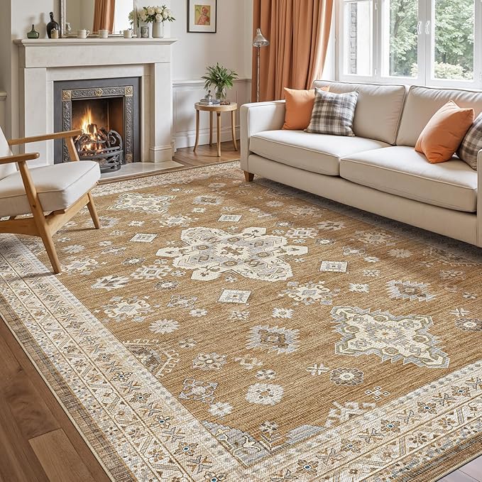 DEXI 4x6 Area Rug for Living Room, Washable Vintage Farmhouse Thin Rug Indoor Floor, Non Slip Stain Resistant Low Pile Carpet for Dining Room Bedroom Office, Light Brown