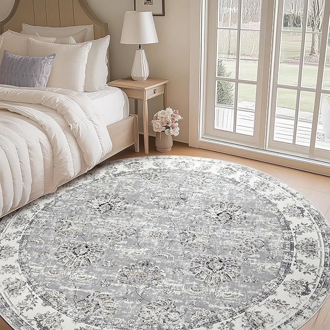 jinchan Fiora Round Rug 8ft Area Rugs - Vintage Floral Distressed Design Machine Washable Non-Slip Low-Pile Ultra-Thin Circle Rug for Living Room Dining Room Bedroom Farmhouse (8' Round, Grey)