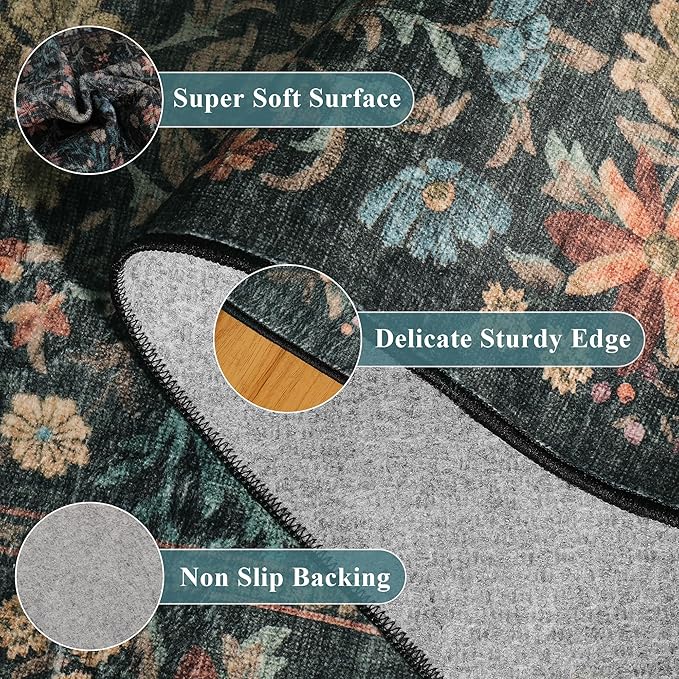 DUKINO 4x6 Rugs for Living Room, Lightweight Non Slip Washable Rug with Low Pile Design, Vintage Floral Non-Shedding Soft Carpet for Living Room, Bedroom, Farmhouse, Office, Bathroom, Blue