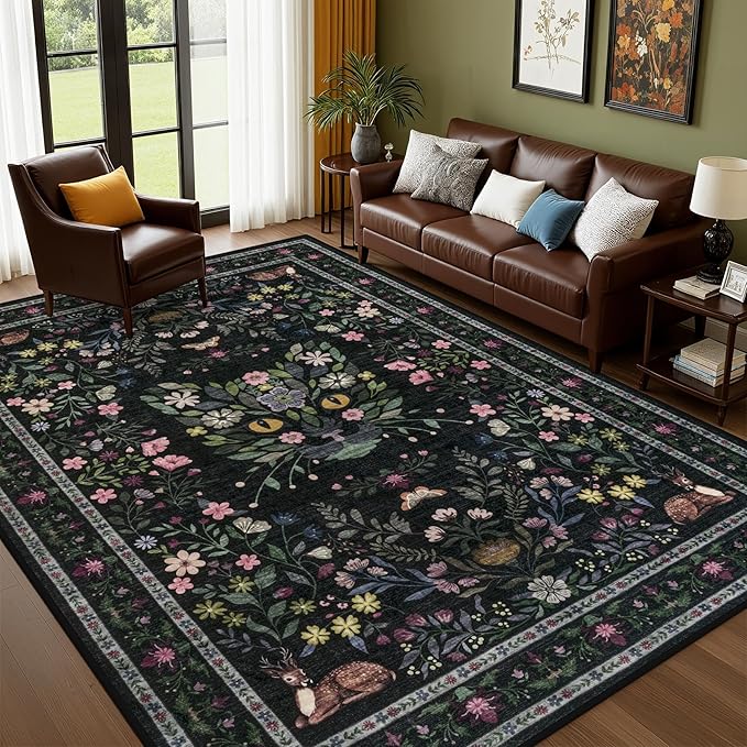 9x12 Area Rugs Living Room Rug: Vintage Washable Rug Floral Soft Carpet Indoor Floor Non-Slip Boho Stain Resistant Large Carpets for Bedroom Kids Nursery Dining Room Farmhouse Home Office Black/C02
