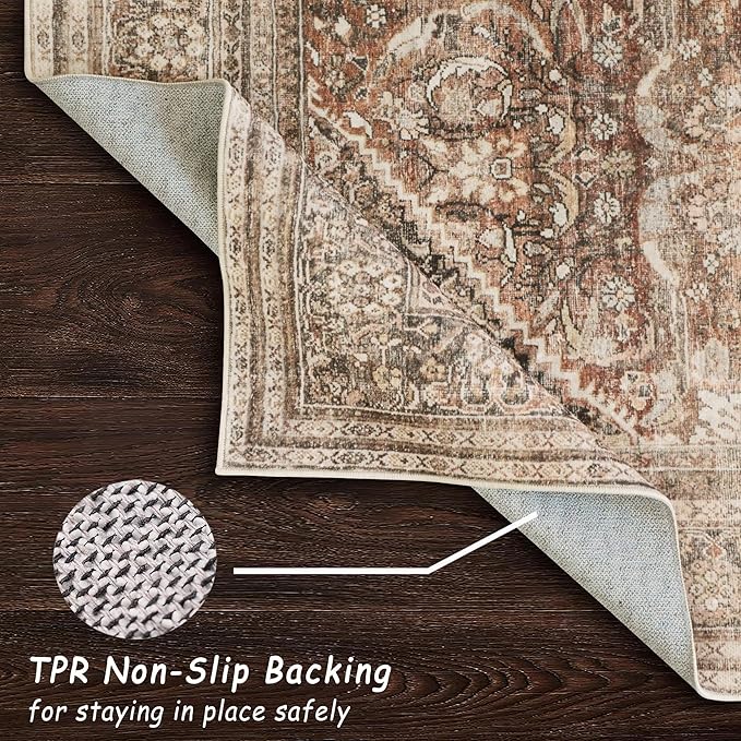 vivorug 4x6 Rug, Small Area Rug for Living Room, Bedroom, Kitchen, Machine Washable Non-Slip Throw Rug, Vintage Carpet for Entryway Nursery Coffee Table - Durable (Brown)