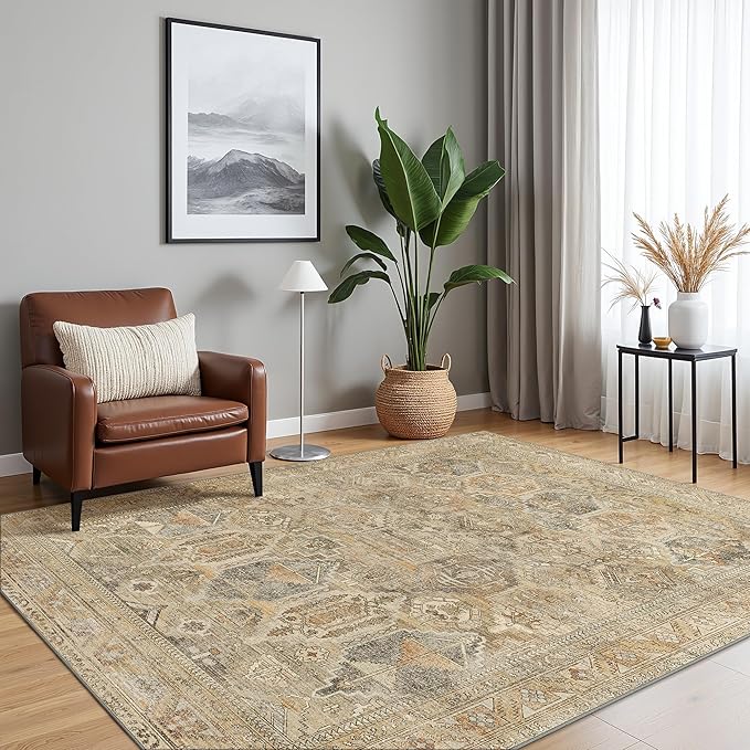 Bavni Washable Rug 6x9 Area Rug for Living Room Bedroom Dining, Washable Vintage Print Carpet, Ultra-Thin Chenille Low Pile Lightweight Rug with Non Slip Backing, Wood