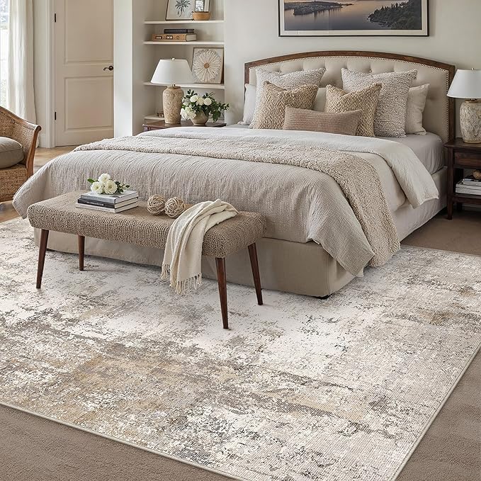 8x10 Washable Area Rug Brown Grey Abstract Living Room Bedroom Carpet Neutral Modern Non Slip Soft Low Pile Indoor Large Throw Rug for Dining Room Office