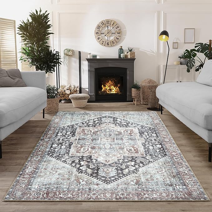 Bloom Rugs Washable Non-Slip 5' x 7' Rug - Charcoal/Brown Traditional Medallion Area Rug for Living Room, Bedroom, Dining Room, and Kitchen - Exact Size: 5' x 7'
