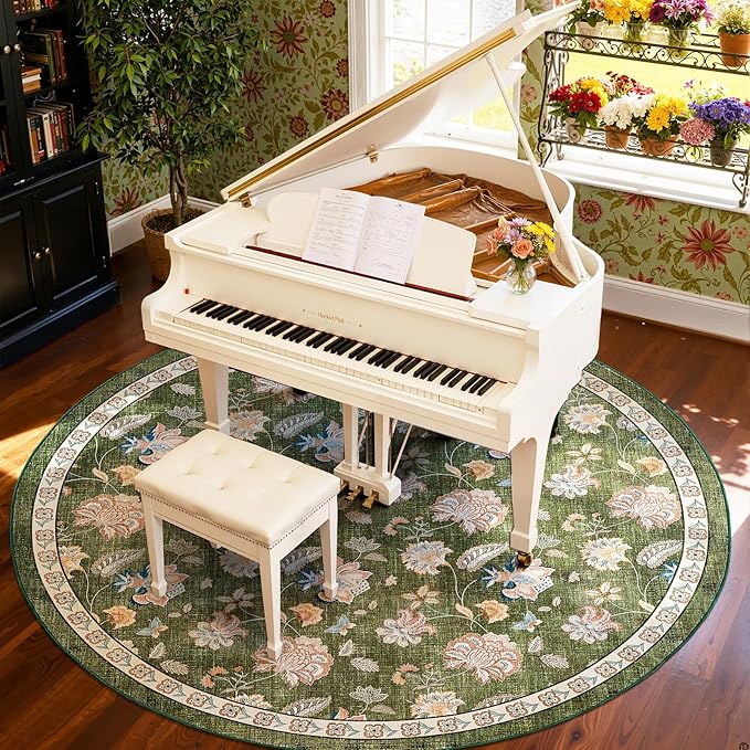 jinchan Elora 8ft Floral Round Rug for Dining Room Washable Living Room Rug Vintage Romance Design Non Slip Indoor Floor Cover Lightweight Low-Profile Throw Carpet for Bedroom Porch Patio, Green