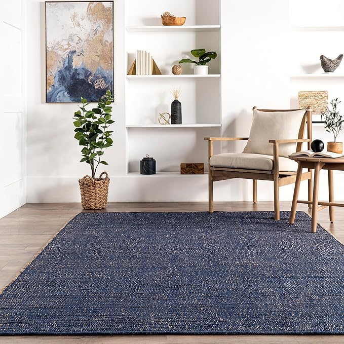 nuLOOM 6x9 Elfriede Jute & Cotton Hand Woven Area Rug, Blue, Solid Rustic Farmhouse Style, Weaved Design, Natural Fiber, For Bedroom, Living Room, Dining Room, Hallway, Office, Entryway