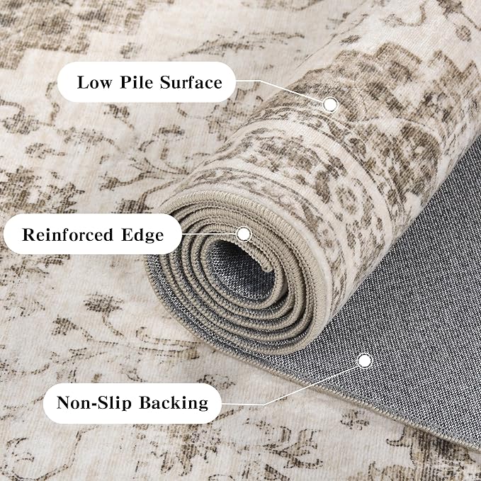 2x3 Vintage Washable Area Rugs for Entryway Soft Non-Slip Bath Mat Boho Medallion Distressed Retro Accent Carpet Floral Low Pile Indoor Throw Rug for Kitchen Laundry Living Room Bedroom, Taupe