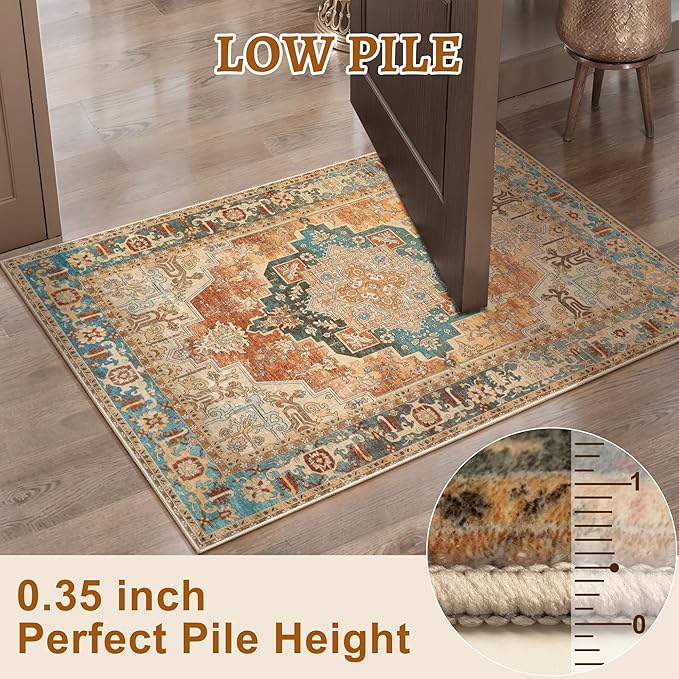 Tangsoo 2x5 Washable Runner Rug for Hallways, Non Slip Vintage Runner Rug, Soft Low Pile Long Rug Runner, Print Distressed Carpet Runners for Kitchen Bedroom Entryway Bathroom Living room Rusty Orange