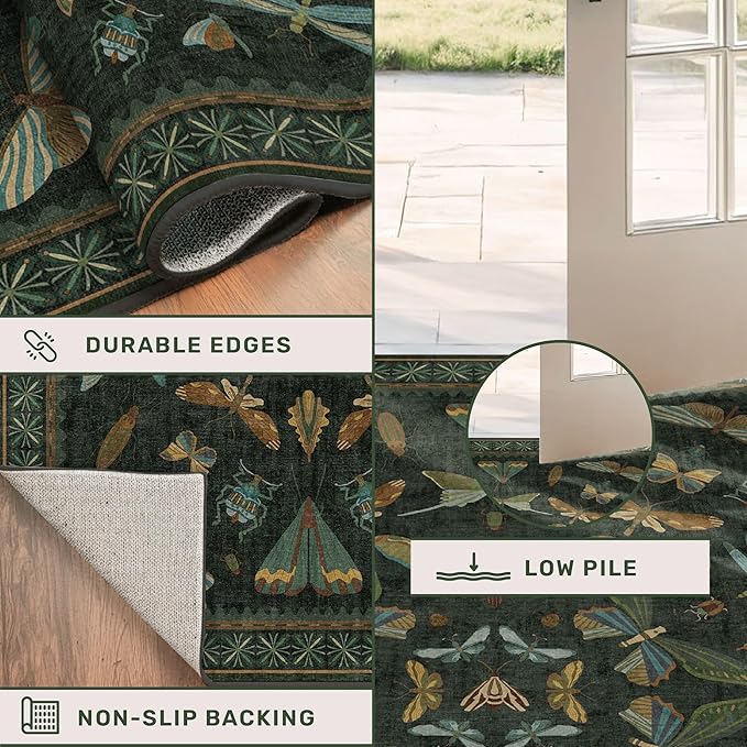Dark Green Insect 2x5 Bathroom Runner Rug - Washable Non Slip Runners for Kitchen, Laundry Room, Front Door Mat Entrance, Nature Floral Indoor Floor Décor, Thin Low Pile with Rubber Backed