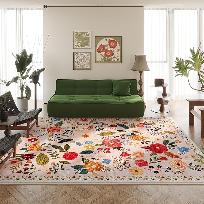 Rugcomf Living Room Rug 6x9 Rug Machine Washable Boho Area Rug Non Slip Floral Vintage Low Pile Large Rug for Living Room, Bedroom, Farmhouse, Dining Room, Kids Playroom(Beige)