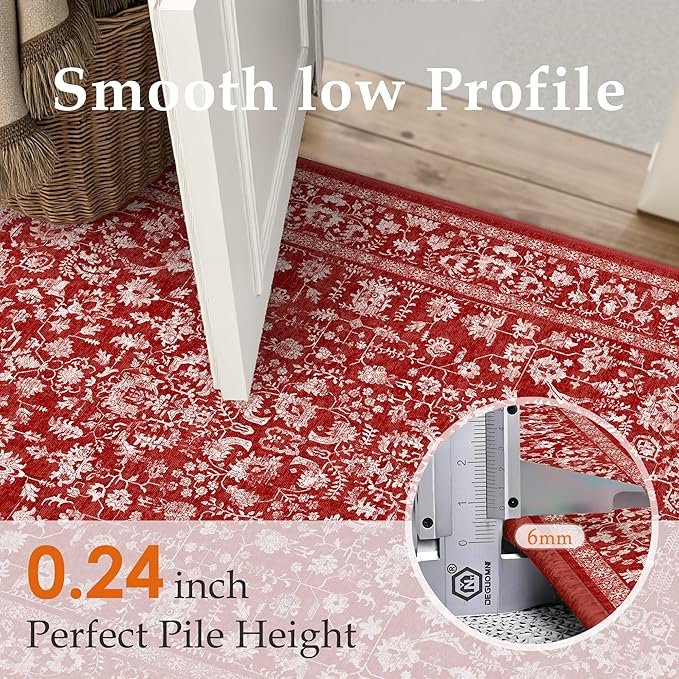 Christmas Area Rug 5x7 Red Washable Living Room Carpet Retro Distressed Floral Holiday Decor Rug Non Slip Soft Decorative Xmas Doormat for Bedroom Office Dining Room Bathroom Kitchen