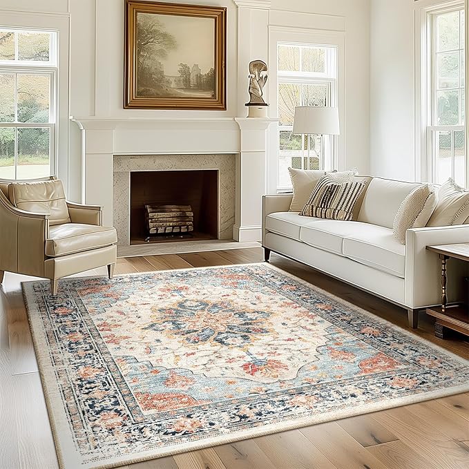 Area Rugs Square 6ft Washable Non-Slip, Floral Vintage Distress Print Pattern Medallion Carpet for Living Room Bedroom Dining Room, Beige Navy Blue Orange Colorful