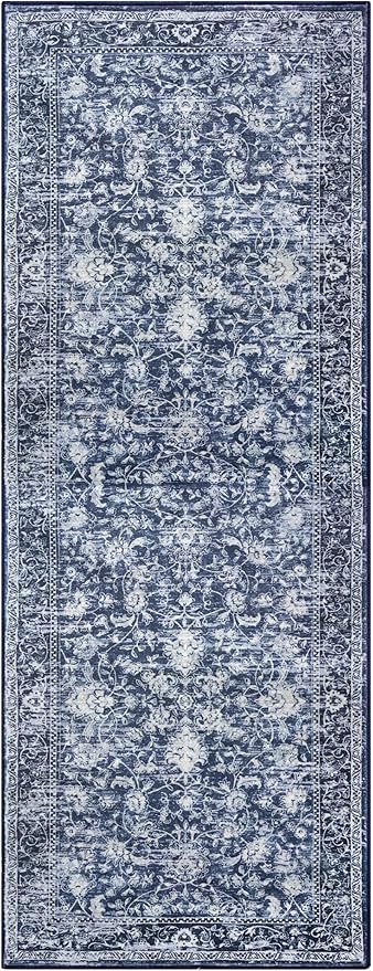 KILOCOCO Hallway Runner 2.6x8 Rug Runner Printed Vintage Floral Washable Kitchen Runners Non-Slip Rubber Backed Runners for Hallways Laundry Room Distressed Boho Rugs for Entryway Bedroom, Blue