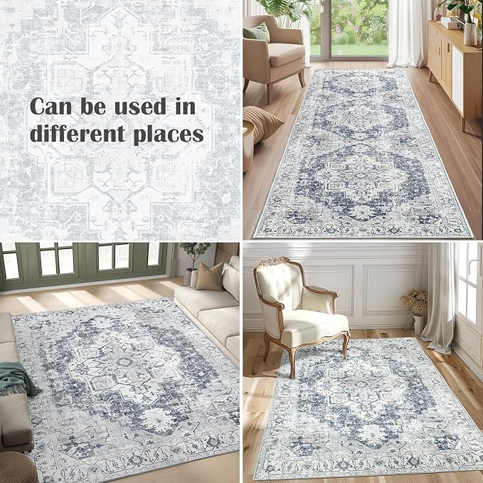jinchan Kelda Area Rug 9x12 Washable Living Room Rug Vintage Indoor Large Floor Cover Distressed Lightweight Non-Slip Low Pile Thin Mat Accent Stain Resistant Carpet for Bedroom Office Grey