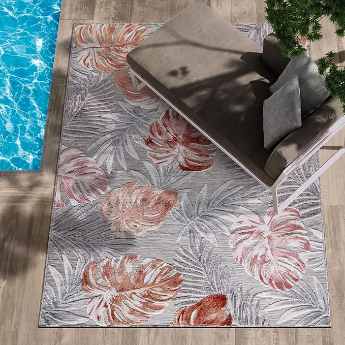 CAMILSON Indoor Outdoor Rug, Multi 7’10”x10’ Leaf Tropical Botanical Area Rugs for Indoor and Outdoor patios, Easy-Cleaning Non-Shedding Living Room, Garden and Kitchen Washable Outside Carpet (8x10)