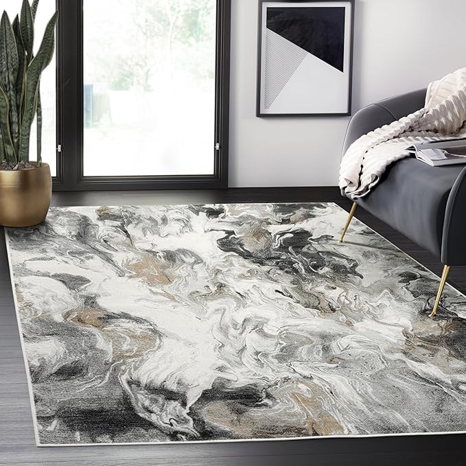 Abani Regal Collection Area Rug - Abstract Grey Black Marble Swirl Design - for Living Room, Bedroom & Office (8X 10') Washable