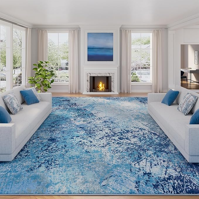 Arbosofe Modern Abstract Rug for Living Room, 6'x9' Washable Area Rug with Non-Slip Backing & Short Pile, Large Carpet with Abstract Pattern for Living Room Bedroom and Dining Floor Carpet Blue
