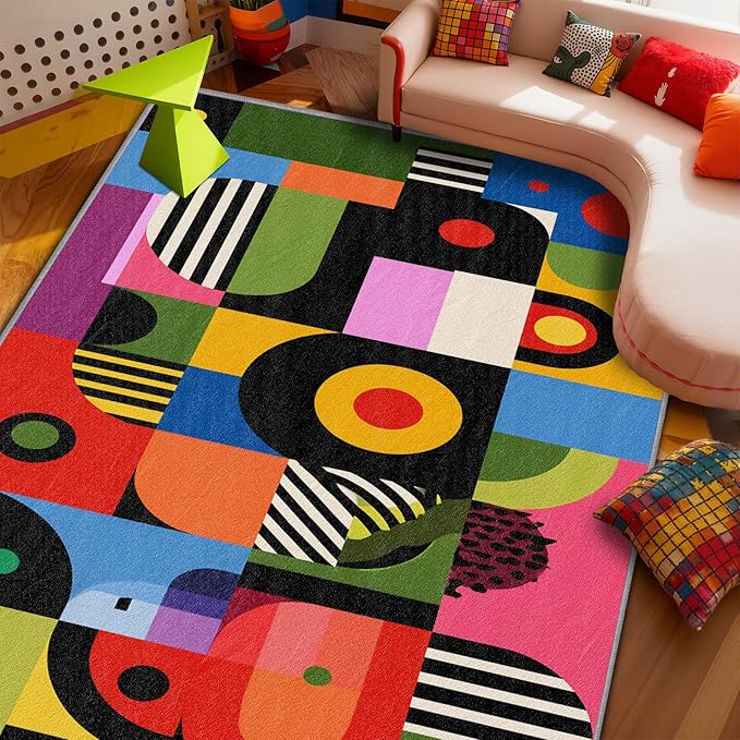 Pop Art Living Room Rug - Colorful Abstract Heart Rug, 7x9 Area Rugs, Hippie Aesthetic Funky Washable Foldable Large Carpet Home Decor #C063