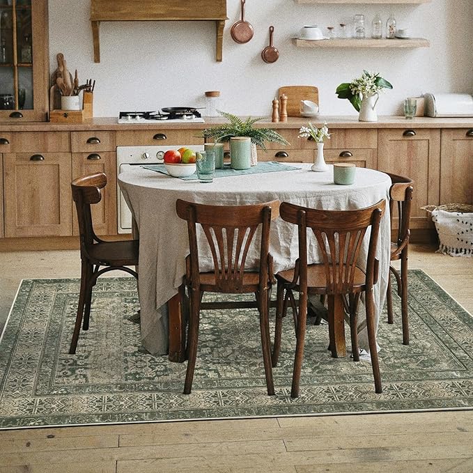 Vintage Washable Area Rug for Living Room,Low Pile 6x9 Non Slip Carpet Non-Shedding Area Rug Soft Indoor Stain Resistant Rug Floral Print Mat for Bedroom Dining Room Green