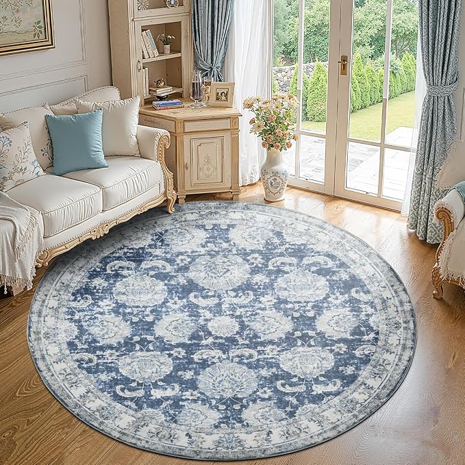 jinchan Fiora Round Rug 7ft Area Rug - Dark Blue Vintage Floor Mat Indoor Ultra-Thin Soft Floral Print - Washable Circle 7' Retro Accent for Farmhouse Non Slip Dining Room Living Room Bedroom Office