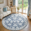 jinchan Fiora Round Rug 8ft Area Rug - Dark Blue Vintage Floor Mat Indoor Ultra-Thin Soft Floral Print - Washable Circle 8' Retro Accent for Farmhouse Non Slip Dining Room Living Room Bedroom Office