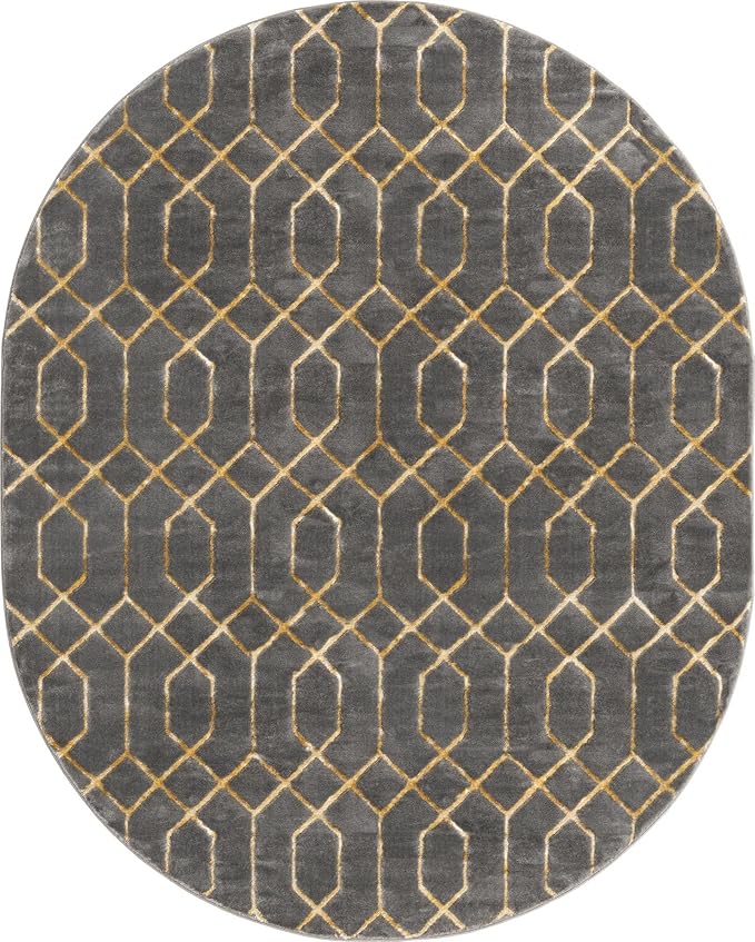 Unique Loom Glam Collection Area Rug - Trellis (7' 10" x 10' Oval, Gray Gold/ Gold)