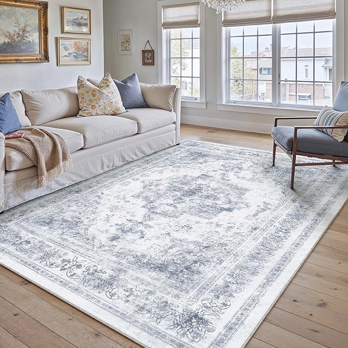 Washable Rug 6x9 Area Rug for Living Room Blue Vintage Boho Medallion Large Distressed Retro Carpet Non Slip Indoor Low Pile Small Soft Bedroom Dining Room Home Office