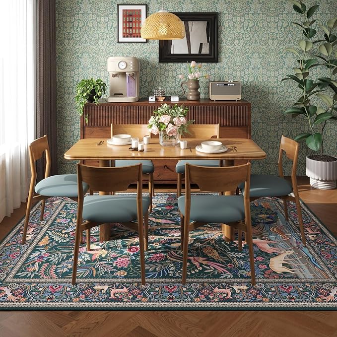 Rugcomf 8x10 Area Rugs Vibrant Tree of Life-Patterned Vintage Washable Area Rug Non Slip Low Pile Large Rug for Bedroom Farmhouse Dining Room Kids Playroom, Green
