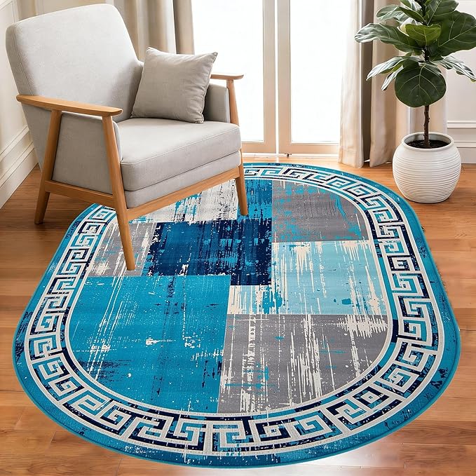 Distressed Blue Grey Greek Key Pattern Indoor Area Rug 12x14 for Living Room Bedroom Dining Room Faux Wool Anti Slip Floor Mats Nursery Entryway Minimalist Geometric Texture Bordered Rugs Retro Carpet