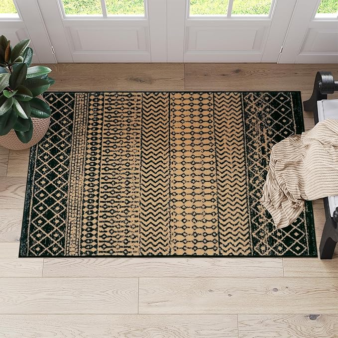 Moroccan Door Mat Indoor Entrance, 2x3 Machine Washable Small Rug for Bedroom, Non-Slip Low Pile Natural Brown Rug Farmhouse Rugs for Entryway Kitchen Bathroom