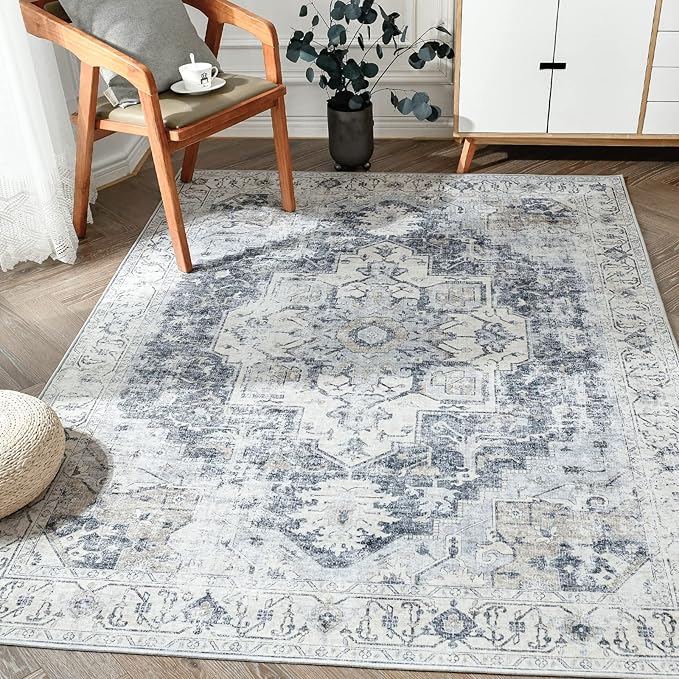 jinchan Kelda Area Rug 6x9 Washable Living Room Rug Vintage Indoor Large Floor Cover Distressed Lightweight Non-Slip Low Pile Thin Mat Accent Stain Resistant Carpet for Bedroom Dining Room Office Grey