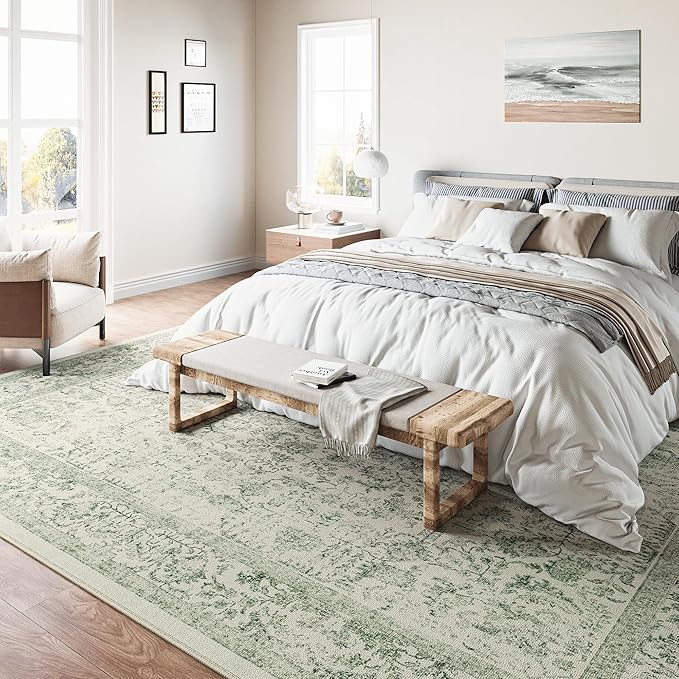 Sage Green Area Rug 8x10 Living Room Washable Carpet Vintage Distressed Non Slip Bedroom Carpet Neutral Low Pile Retro Floral Farmhouse Large Rug Home Office Dining Room Playroom