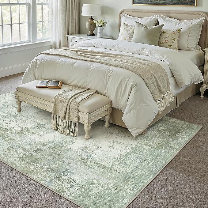 8x10 Washable Area Rug Sage Green Abstract Living Room Bedroom Carpet Neutral Modern Non-Slip Soft Low Pile Lightweight Vacuumable Large Throw Rug for Dining Room