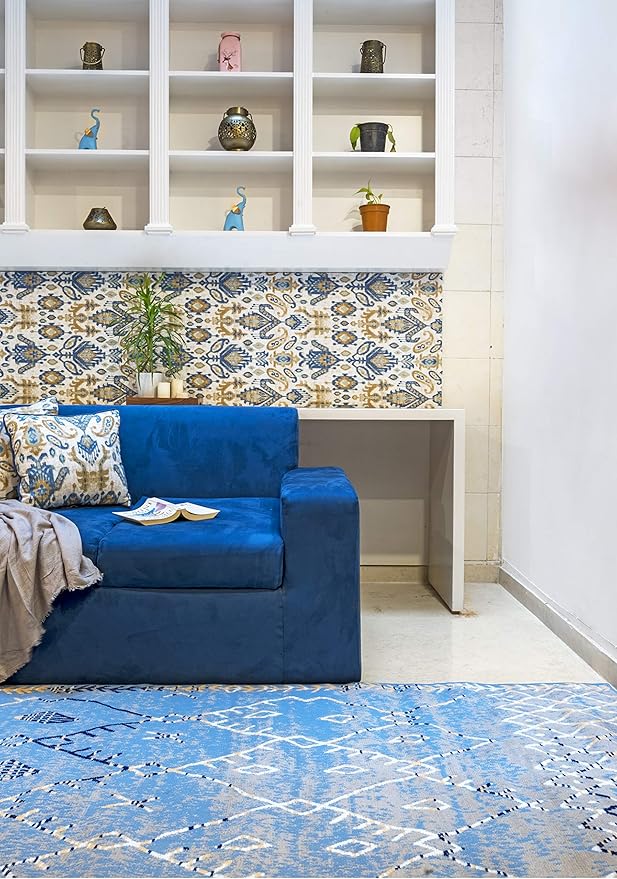 Furnish my Place Trellis Pattern Rug - 5 ft. x 8 ft, Light Blue, Bohemian Rug with Transitional Design