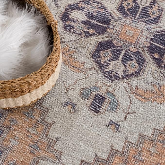 Bloom Rugs Washable 4' x 6' Rug - Orange/Blue/Beige Traditional Area Rug for Living Room, Bedroom, Dining Room, and Kitchen - Exact Size: 4' x 6'