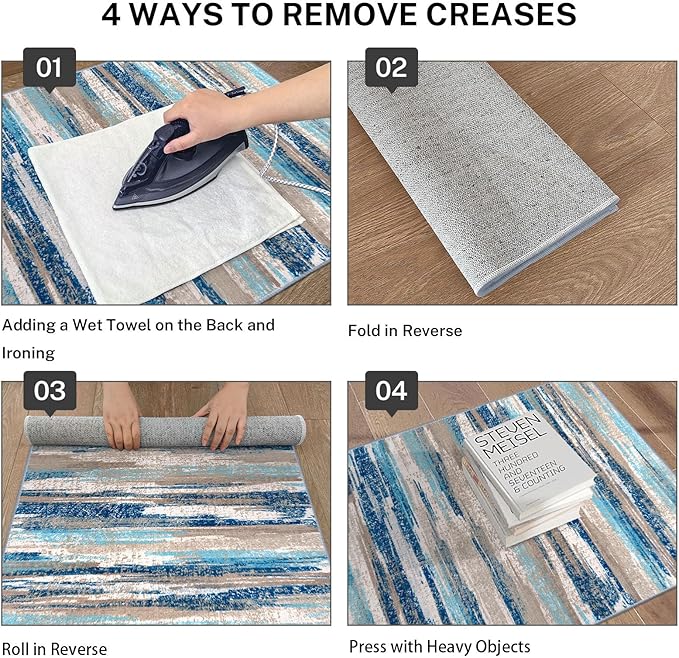 Modern Abstract Runner Rug 2x12, Blue Washable Long Kitchen Runner Non-Slip Soft Hallway Rug Runner Thin Print Faux Wool Carpet for Entryway Bedroom Laundry Room Indoor Home Decor