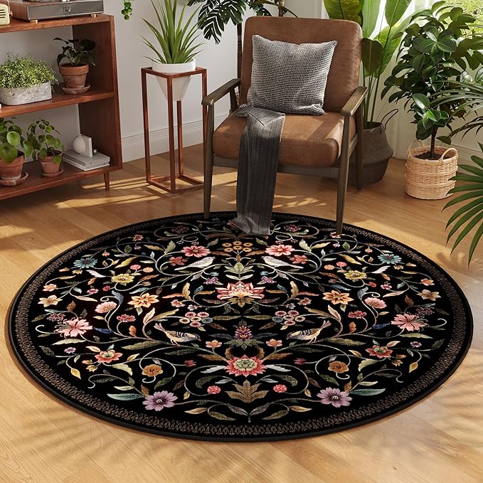 Vintage Medallion Floral Round Rug 4ft, Washable Circle Area Rug, Non-Slip Soft Low Pile Circular Carpet for Bedroom, Living Room, Dining Room, Entryway, Office, Kids, Bathroom | Black