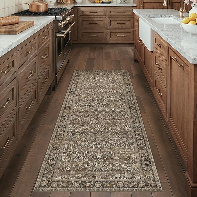 HUGEAR 2x6 Runner Rug Machine Washable Brown Hallway Area Rugs Indoor Accent Rugs Floral Mid Pile Carpet Distressed Soft Thicker Throw Rug Bedroom Office Dining Kitchen Laundry Non Slip