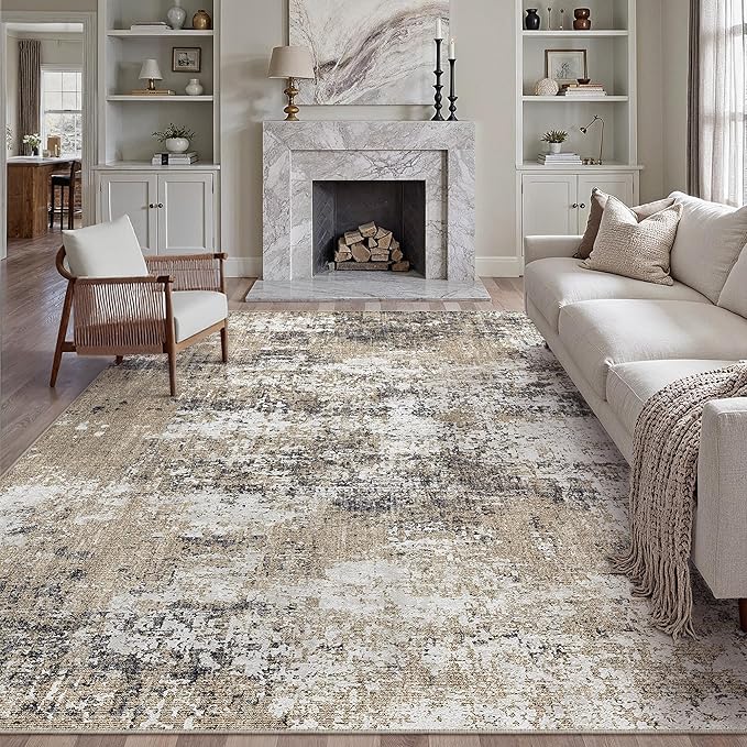 8x10 Abstract Area Rug Brown Washable Modern Neutral Living Room Carpet Non Slip Ultra Soft Low Pile Contemporary Bedroom Large Rug Indoor Office Dining Room Under Table Playroom