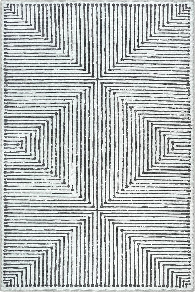 Bloom Rugs Washable Non-Slip 6' x 9' Rug - Black/Ivory Striped Area Rug for Living Room, Bedroom, Dining Room, and Kitchen - Exact Size: 6' x 9'