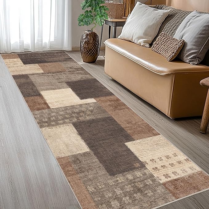 Modern Geometric Patchwork Indoor Runner Rug for Living Room, Beige 2.7'x 8' Large Rug Rockwood Collection Hardwood Floors Decor for Bedroom, Beige Throw Carpet for Office Entryway Dining Room