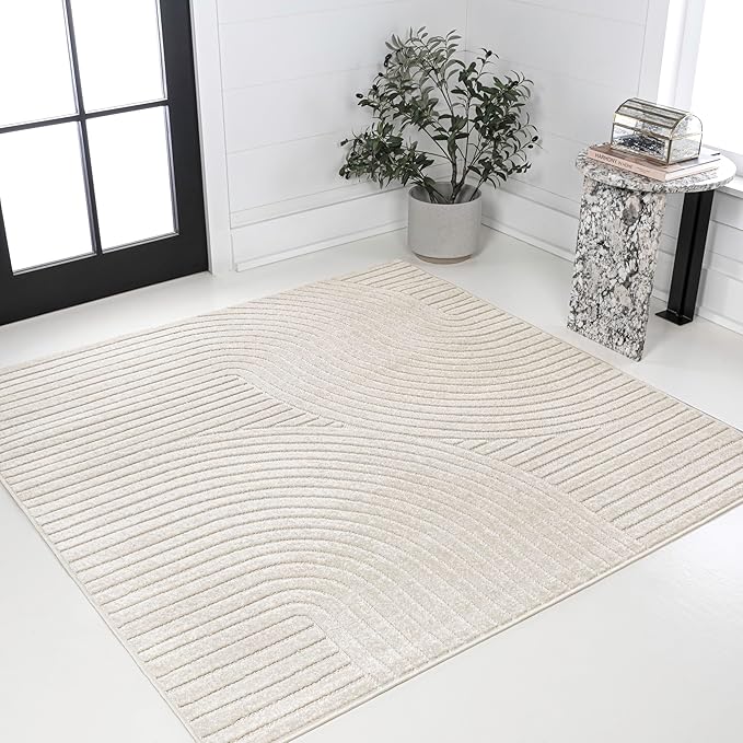 JONATHAN Y Hallie High-Low Curve Ivory/Cream 6x6 Square Indoor/Outdoor Area Rug, Minimalist, Pet Friendly, Non-Shedding, Stain Resistant, Hose-Washable for Backyard, Patio, Porch (SCN100B-6SQ)