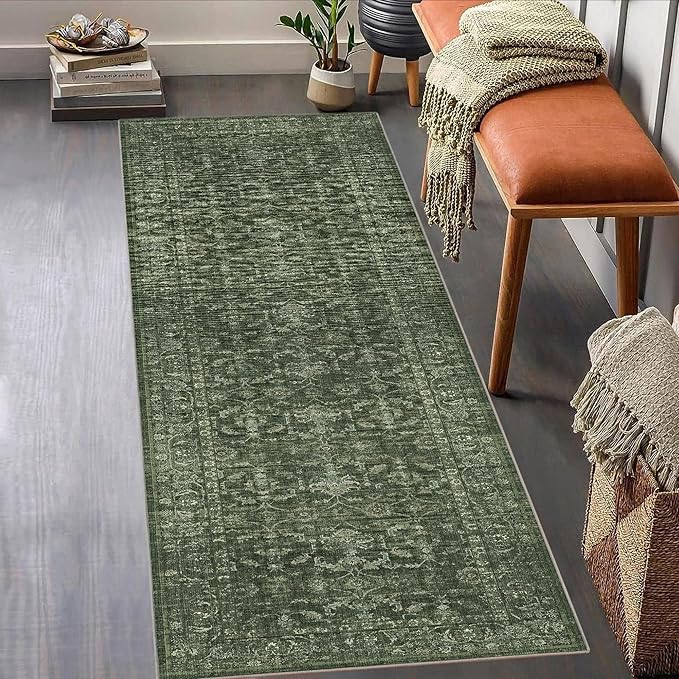 Washable Area Rug 2.6x8 Green Runner Rugs for Living Room, Vintage Boho Hallway Large Rug for Bedroom Dining Room Office, Distressed Floral Carpet for Under Table, Soft Non Slip Low Pile Throw Carpet
