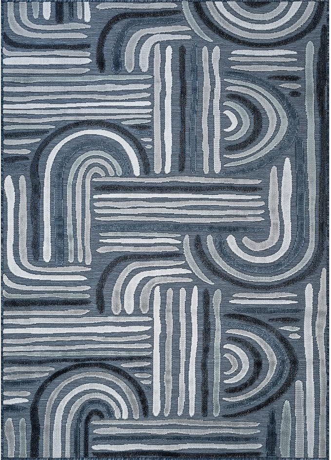 CAMILSON Indoor Outdoor Rug, Navy Blue 6x9 Geometric Arch Striped Area Rugs for Patio and Home Areas, Easy-Cleaning Non-Shedding Living Room, Garden and Deck Washable Outside Carpet (6 x 9)