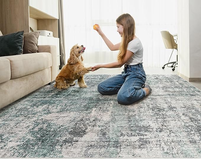 5x7 Area Rug Living Room Rugs - Washable Neutral Modern Abstract Soft Thin Large Rug Indoor Floor No Slip Rug Carpet for Bedroom Under Dining Table Home Office Decor - Green/Grey